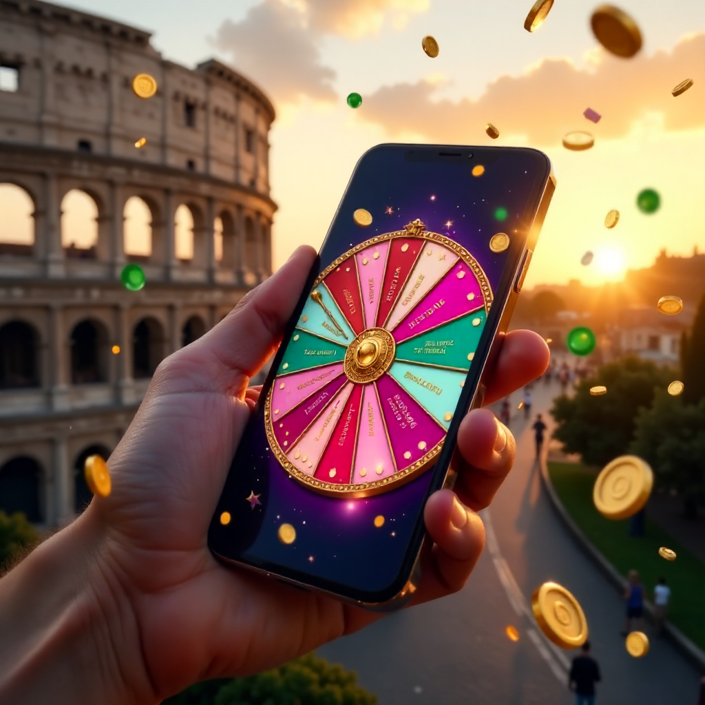 A hand holding a high-end smartphone displaying the official Crazy Time live wheel with vibrant pink and teal interface, background is the Roman Colosseum at sunset with Italian tricolor green-white-red confetti and golden coins exploding from the screen,